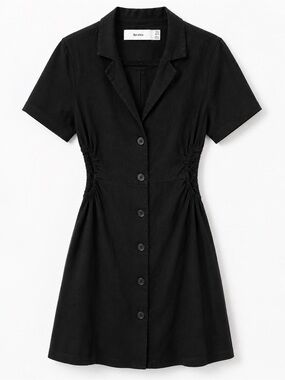 Bershka Black Short-Sleeve Button Front Mini Dress